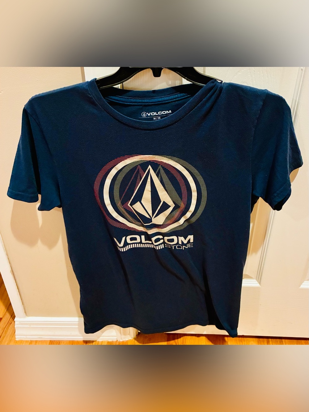 Volcom Navy Blue Logo Tee with Multicolor Emblem